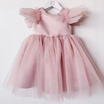 A-line Pembe Tül Çiçek Kız Elbise Çocuk Cap Kollu Balo Elbise Sevimli Balo Doğum Günü Ünlü Elbiseleri 3