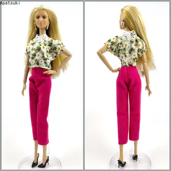 Moda Giyim Seti barbie bebek Kıyafet 1/6 Bebek Aksesuarları Çiçek Kırpma Üst Sıcak Pembe Pantolon Pantolon Oyuncaklar Çocuklar İçin 2