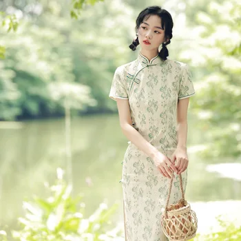 Yeşil Dantel Cheongsam Kısa Kollu Çin Geleneksel Vintage Elbise Kadın Kostümleri Ince Zarif Qipao XXL S 12