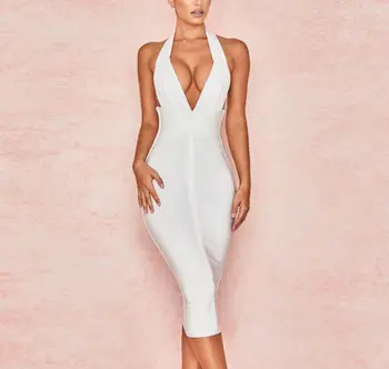 Loehsao marka 2019 moda kadın beyaz elbise seksi bodycon bandaj elbise vestido derin V Yaka akşam kulübü parti yaz elbiseler 18