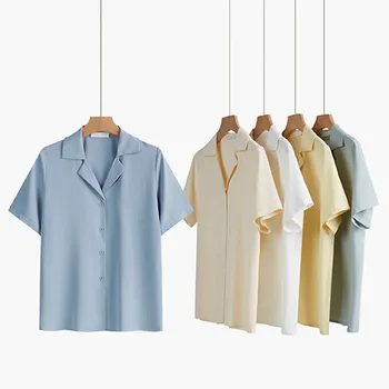Yaz Fransız Kısa Kollu Bluzlar Üstleri Kadın Vintage gömlek bayan 2021 yeni Rahat Tek Göğüslü Gömlek 17