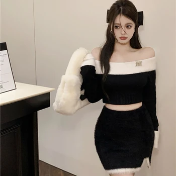 Ilkbahar Sonbahar Seksi Örme Takım Elbise Siyah Off-omuz Kazak Yüksek Bel A-Line Kısa Etek Kadınlar için İki Parçalı Set Kore 19