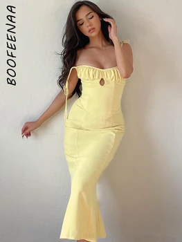 BOOFEENAA Sarı Backless Uzun Elbiseler Kadınlar ıçin Zarif Moda Parti Elbise Rahat Seksi Tatil Kıyafetler Kadın C15-BH24 18