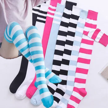 Seksi Siyah Beyaz Çizgili Uzun Çorap Kadın Uyluk Diz Üzerinden Yüksek Çorap Japon Lolita Bayanlar Kızlar Diz Yüksek Çorap Çorap  6