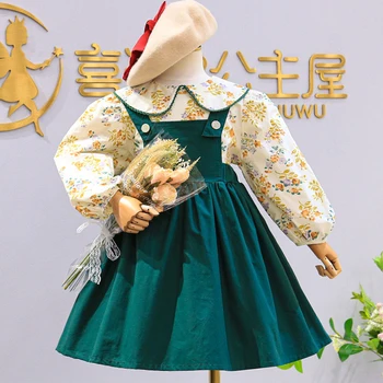 2022 Yeni Yıl Giysileri Noel Elbise Bebek Kız Sonbahar Uzun Kollu Çiçek Peter pan Yaka Üst + Genel Elbise Çocuklar Kıyafetler 2