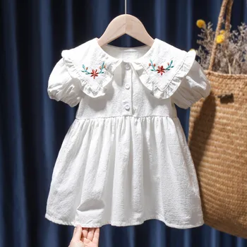 Kız Pamuk Elbise Çocuklar Bebek Kız Sundress Giyim Işlemeli Çiçek Turn-aşağı Yaka Prenses Yürüyor Bebek Elbise Yaz 2