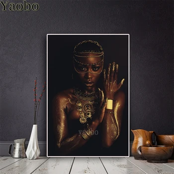 Siyah ve altın çıplak Afrikalı kadın 5d diy elmas boyama Tam kare matkap elmas nakış mozaik çapraz dikiş kitleri dekor 5