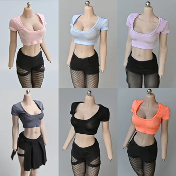 Stokta 1/6 Ölçekli Kadın Seksi Geniş U Yaka kısa kollu t-shirt Mini Kısa Üst Giysi Modeli Fit 12 