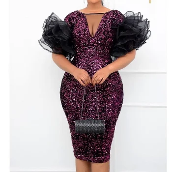 Kadınlar için afrika Elbiseler 2022 Kadife Pullu Bodycon Elbise Seksi Mesh Patchwork Zarif Düğün Parti Elbise Afrika Giysi 14