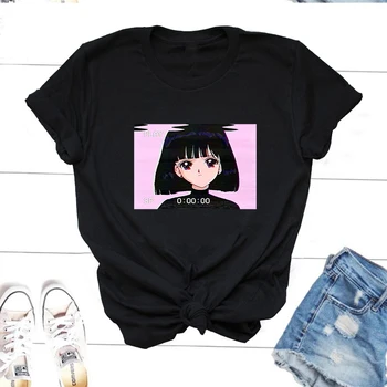 Üzgün Kız Retro Anime Vaporwave T Shirt Estetik Kawaii Manga Grafik Tshirt Harajuku Streetwear Y2k tişört sıfır yaka bluzlar Unisex 7