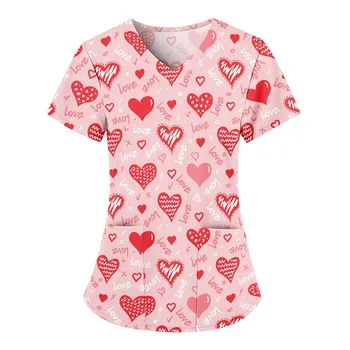 Kalp Baskı Hemşirelik Scrubs Üstleri Kadın T Shirt Kısa Kollu V Yaka hemşire üniformaları Bakıcılar Sağlık Tunik Sevgililer Günü Üstleri 16