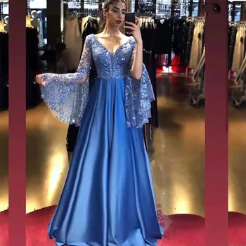 Parlak Kraliyet Mavi Dantel Aplike Sequins En gece elbisesi Uzun Parlama Kollu Saten Tren balo kıyafetleri Dubai Suudi robe de mariée