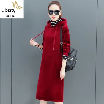 Kore Kapşonlu Kalın Sıcak Kadın Sonbahar Kış Uzun Kollu Polar Kırmızı Siyah Kahverengi Elbise Streetwear Kadın Artı Boyutu 3XL