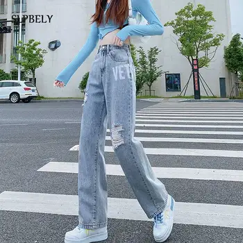 SLPBELY Yırtık Mavi Kot Kadın İlkbahar Sonbahar Moda Mektubu Baskı Yüksek Bel Düğmesi Geniş Bacak Düz Delik Pantolon Kot Pantolon 13