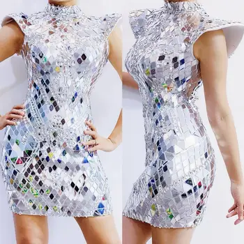 Özel Şarkıcı ayna elbise sahne dans giyer Sparkly Gümüş Sequins Bodysuit Elbise Rhinestone Kostüm