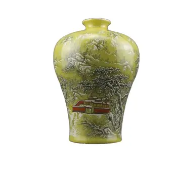 Çin Eski Antika Qing Hanedanı Sarı Sır Manzara Mei Şişe Vazo Çiçek Düzenleme Koleksiyonu Süsler Ev Dekor Masası 1