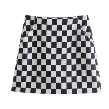 TRAF Kadınlar 2021 Moda Siyah Ve Beyaz Ekose Cepler İle Mini Etek Retro Yüksek Bel Geri Fermuar Kadın Etek Streetwear 13
