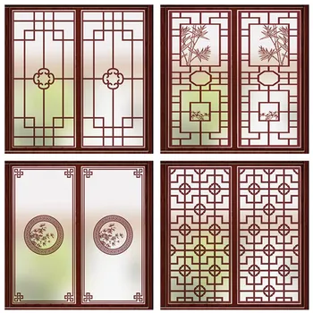 Çin Retro Damalı Statik Cam Filmi banyo balkon penceresi Sticker Saydam Buzlu Film De Janela Decorativa 1