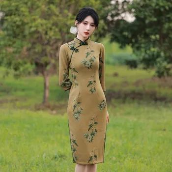 2021 Sonbahar Zarif Bodycon Kadın Cheongsam Mandarin Yaka Seksi Modern Baskı Çin Geleneksel Bayanlar Qipao Midi Elbiseler 15
