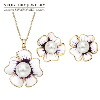 Neoglory Simüle Inci ve Emaye Takı Seti Zarif Çiçek Şık Kolye ve Küpe Lady Trendy Saf Parti Hediye 18