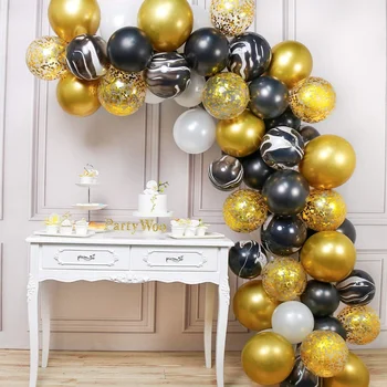 70 adet Siyah Altın Tema Balon Kemer Köprü Düğün Garland Balon Siyah Beyaz Balon Siyah Oniks Topu Parti Dekorasyon