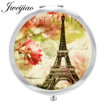 JWEIJIAO Eyfel Kulesi Cam Cabochon makyaj aynası Paris Fransa Katlanır Yuvarlak kompakt El cep Büyüteç Ayna espejo 5
