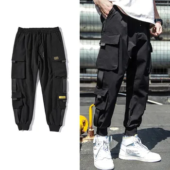 2020 Bahar Hip Hop Joggers Erkekler Siyah harem pantolon Çok cep Şeritler Erkek Sweatpants Streetwear Casual Erkek Pantolon M-3XL