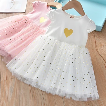 Kızlar Yaz Giyim Pullu aşk Elbise 2020 Yeni Stil Bebek Kız Çocuk Kalp Kısa kollu Elbise 5
