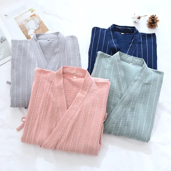 Japon Tarzı Kadın ve Erkek Rahat Rahat Elbiseler Çizgili Çiftler Pijama %100 % Pamuk Gevşek Kimono Hanfu Gecelik Pijama 2
