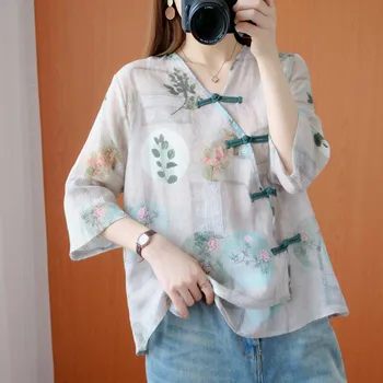 Yeni 2021 Geleneksel Çin Üst Çin Çiçek Baskı Hanfu Elbise Oryantal Giyim Geleneksel Çin Keten Bluz Kadınlar için 14