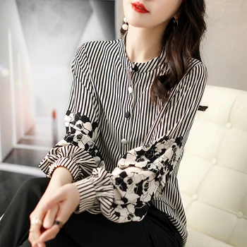 Yeni Bluz 2022 İlkbahar Yaz Ekleme Fener Kollu Şerit Baskı Üç Çeyrek Kollu Gömlek kadın giyim FP696 1