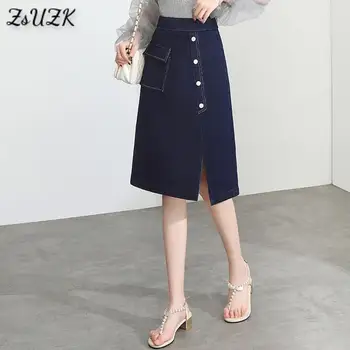 Kadın Kot Etek Ön Bölünmüş Düğme Cep Süslemeleri Bahar Sonbahar Elastik Yüksek Bel Tüm Maç A-line Kot Etek Moda 14