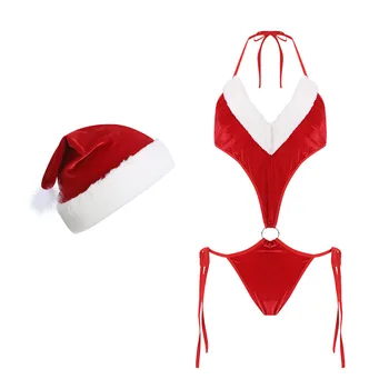 Seksi Noel iç çamaşırı seti Kadınlar için Kadife Santa Halter Teddy Bodysuit Erotik Kadın Sıcak Kıyafet Egzotik kostümleri Şapka ile