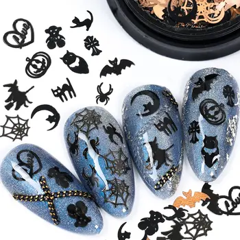 Mix Şekiller Cadılar Bayramı Metal Nail Art Süslemeleri Folyo Çıkartmaları Tırnak Dilim Sequins Aksesuarları Manikür Aracı 13