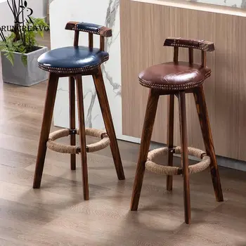Katı ahşap bar sandalyesi Amerikan Retro ev mobilyası Mutfak Bar Taburesi Kömürleşme Döner Bar Yüksek bacak Yemek Sandalyesi