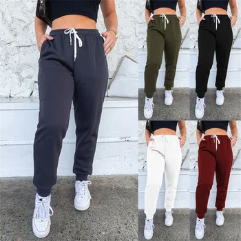 2021 Yeni Moda Kadınlar Yüksek Bel Spor Koşu Spor Streç Düz Renk Pantolon Rahat Ev Eğlence Yastıklı Pamuklu Uzun Pantolon 14