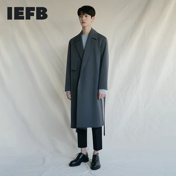 IEFB Sonbahar Kore Rüzgarlık erkek Orta Uzunlukta Rahat Uzun Ceket Moda Serin Overknee İngiliz Tarzı Trençkot Kemer Yaka Y4263 3
