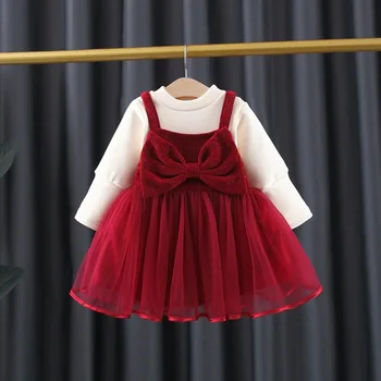 Kış Çocuk Uzun Kollu T-shirt + prenses Yay Genel Elbise Sevimli Prenses Elbise Çocuklar 2 adet Giysi Set 8