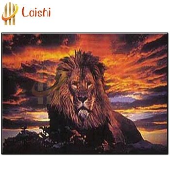 5D DİY Elmas Boyama Günbatımı manzara aslan çapraz dikiş hayvan tam kare / yuvarlak elmas mozaik nakış ev dekorasyon
