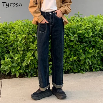 Kot Kadın Bahar Tüm Maç Vintage Uzun Düz Pantolon Yüksek Bel Tasarım Öğrencileri Zarif Streetwear Gevşek Şık Basit Ins 15