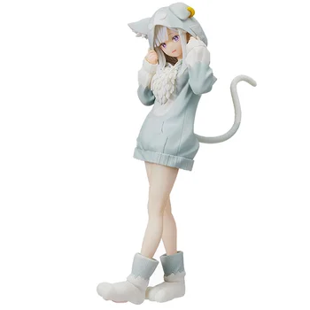 Orijinal 18CM Anime Figürü Emilia RE: e n e n e n e n e n e n e n e Başlangıç Ömrü Başka Bir Dünya Beyaz Kedi Hoodie Hood Kulak Kuyruk Modeli Bebek PVC 18