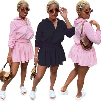 HAOOHU Pilili Mini Etek Takım Elbise Seksi Kulübü Kıyafetler Etekler Bayan İki Parça Setleri Saf Renk Kadife Sonbahar Kadın Giyim 2021 Kentsel 9