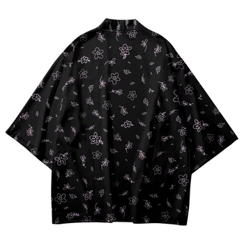 Erkekler Harajuku Samurai Giysileri Yukata Haori Obi Kimono Ve Şort Japon Siyah Çiçek Baskı Kimono Hırka Streetwear Ceket 19