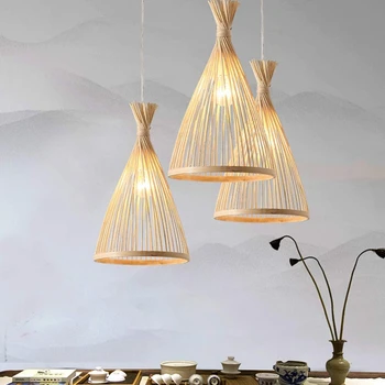 Modern bambu kolye ışık Rattan ışıkları fikstür bambu hasır avize sepeti ışık lambaları tavan asılı lamba 12