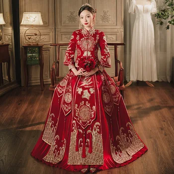 Kadınlar Vintage Çin Geleneksel Nakış Taklidi Resmi Elbise Kraliyet Düğün Cheongsam Gelin Tang Takım Elbise Qipao 16