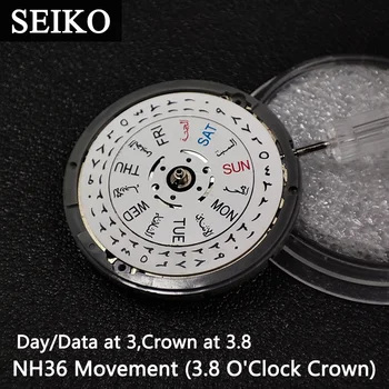 Japonya Orijinal NH36 / NH36A Otomatik Hareket Arapça Beyaz Tarih 3.8 Saat Taç Seiko Premium erkek saati Yedek Parçalar