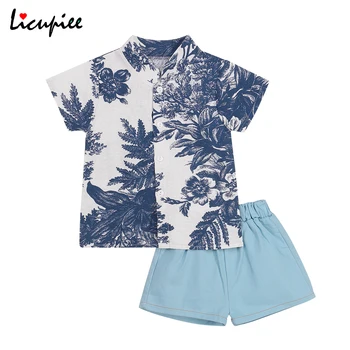 1-5 Yıl giyim setleri Erkek Bebek Kısa Kollu Gömlek + Şort, tropikal Baskı Elastik Bel Rahat Tarzı Yaz Giyim 4