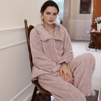 Kadın Sıcak Ev Takım Elbise Moda Çift Taraflı Pijama Kış Ev Giysileri Pembe Cep V Boyun Pijama Pijama Pijama