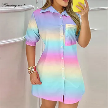Ön Cep Tasarım Colorblock Bluz Gömlek Kadın Rahat Kısa Kollu Düğme Uzun Gömlek Kadın Yaz şerit Harajuku Bluzlar