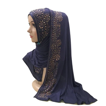 H1429 moda modal elastik jersey pamuk uzun eşarp rhinestones ile islami başörtüsü bayan headwrap